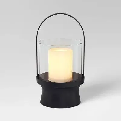 11" Modern Metal and Glass Small Battery LED Pillar Candle Outdoor Lantern Black - Threshold