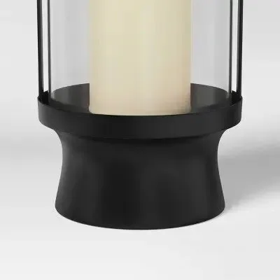 11" Modern Metal and Glass Small Battery LED Pillar Candle Outdoor Lantern Black - Threshold