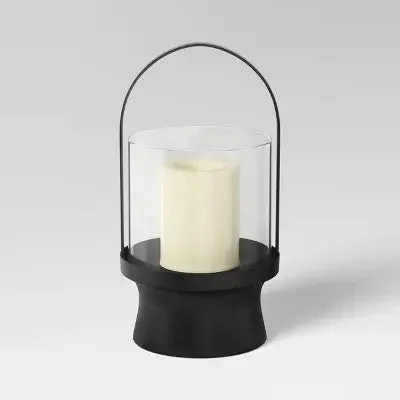 11" Modern Metal and Glass Small Battery LED Pillar Candle Outdoor Lantern Black - Threshold