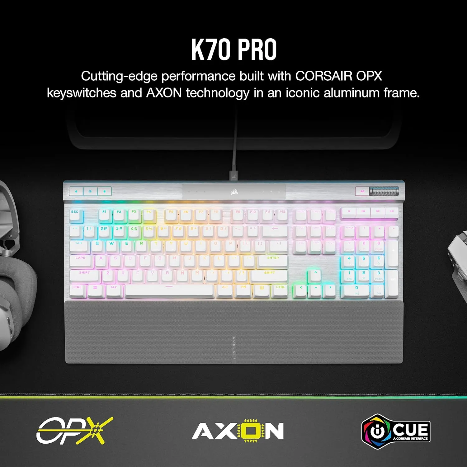 [12月聖誕優惠] Corsair K70 RGB PRO Optical-Mechanical Gaming Keyboard with PBT DOUBLE SHOT PRO Keycaps - White CH-910951A-NA