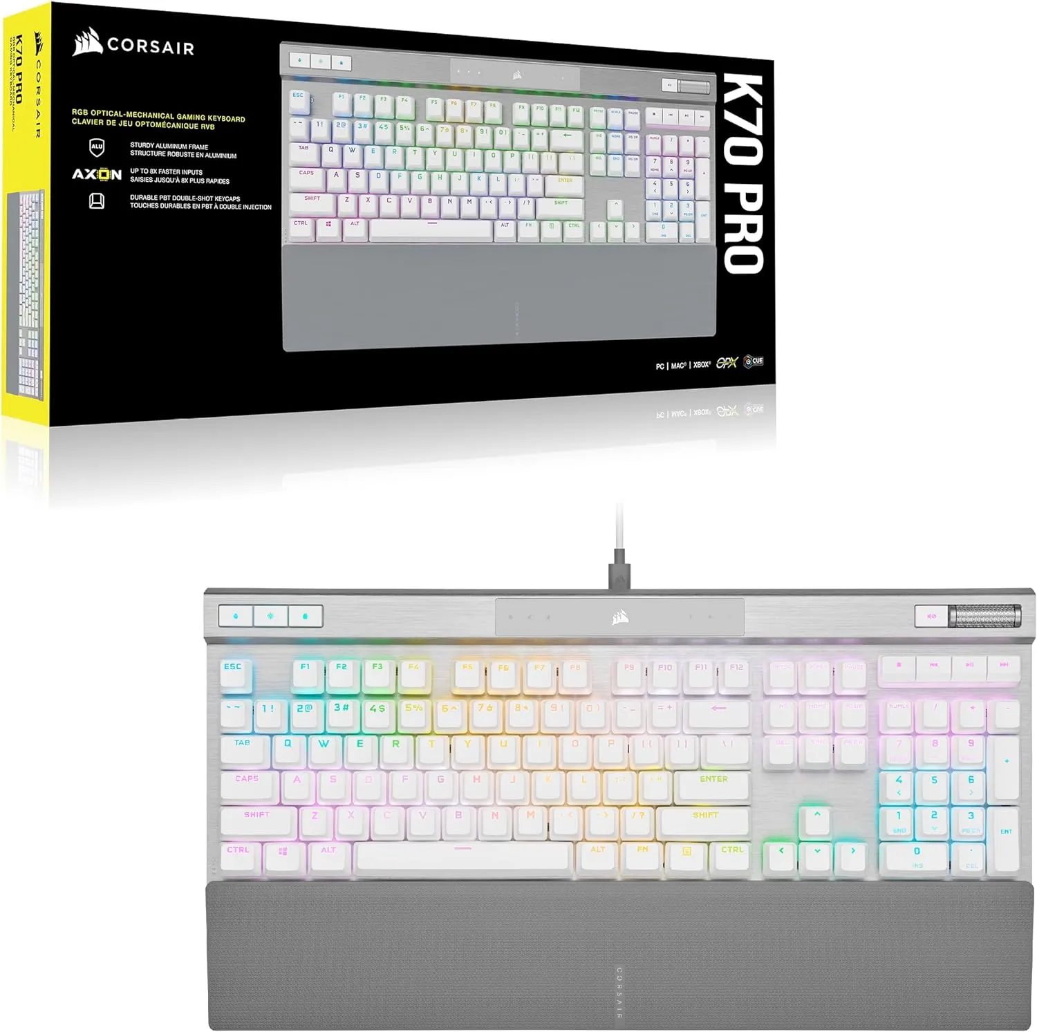 [12月聖誕優惠] Corsair K70 RGB PRO Optical-Mechanical Gaming Keyboard with PBT DOUBLE SHOT PRO Keycaps - White CH-910951A-NA