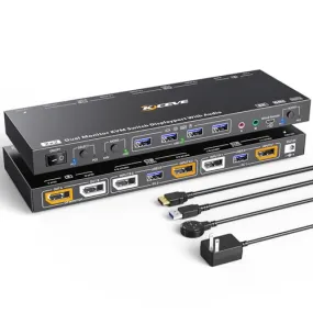 2 Displayport   HDMI USB 3.0 KVM Switch 3 Monitors 3 Computers, 8K@60Hz,4K@144Hz Triple Monitor KVM with 4 USB 3.0 Ports, KVM Triple Monitor Keyboard Mouse Switcher,Included KVM Cables