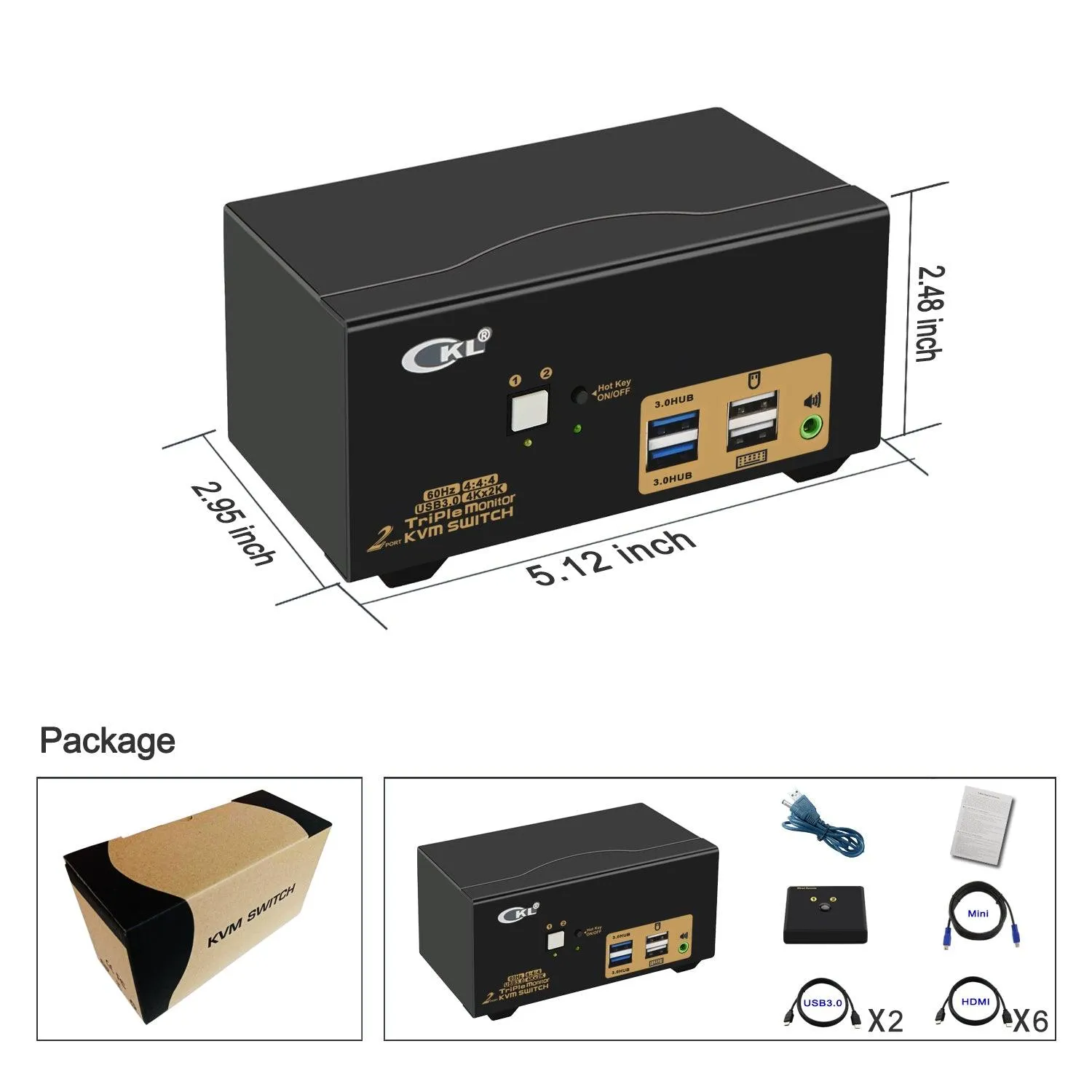 2 Port USB 3.0 HDMI KVM Switch Triple Monitor 4K 60Hz CKL-923HUA-3