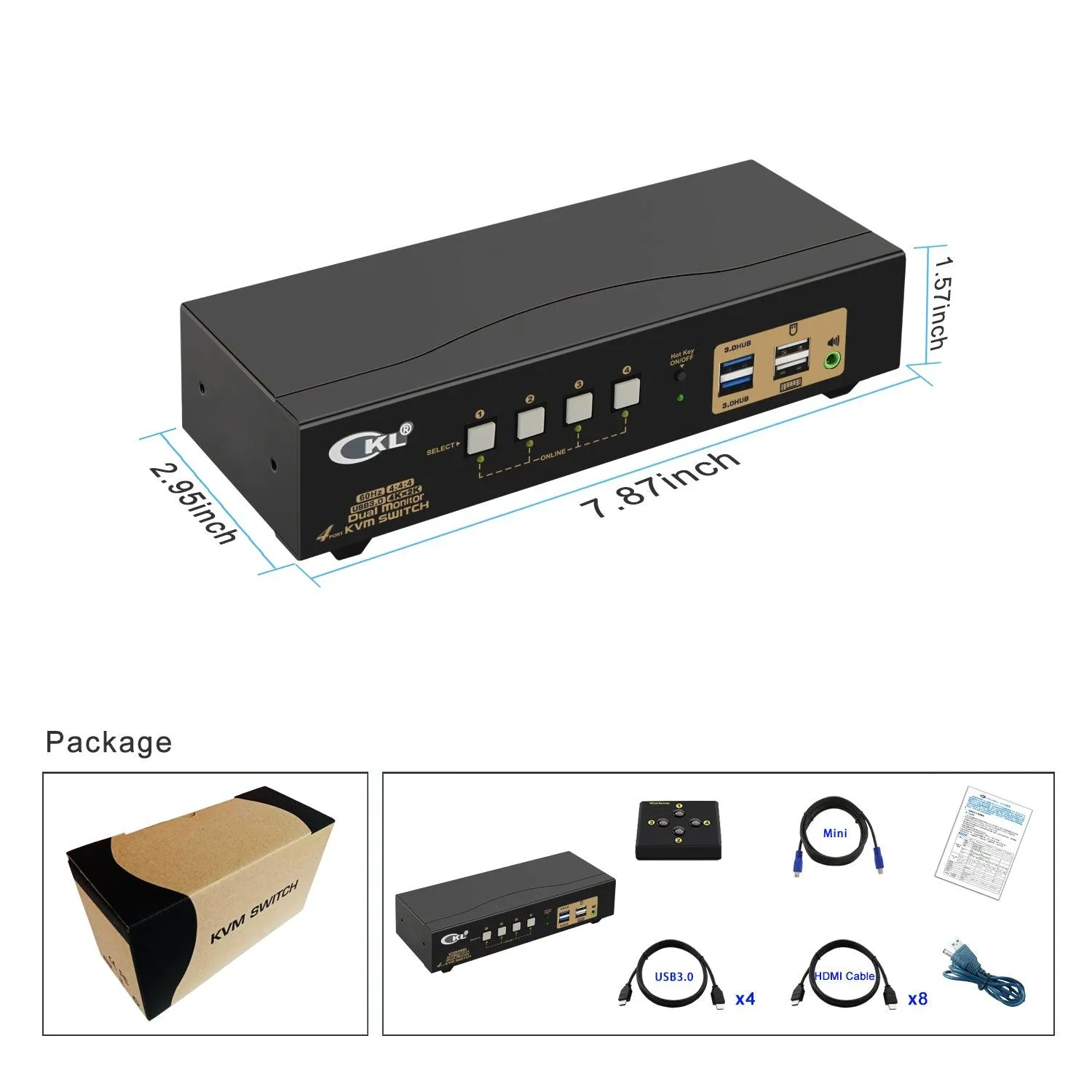 4 Port USB 3.0 HDMI KVM Switch Dual Monitor 4K 60Hz CKL-942HUA-3