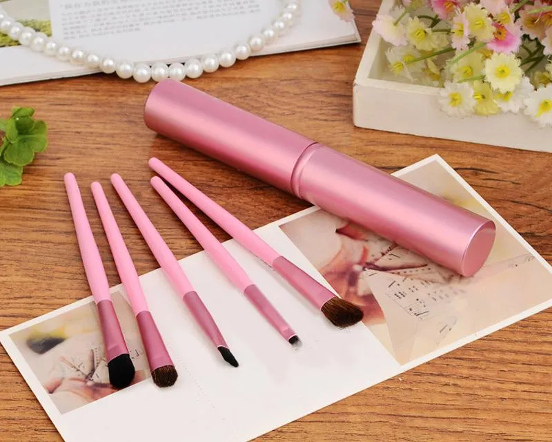 5 Pcs Professional Makeup Brush Set with Cyclinder Tube - Gold