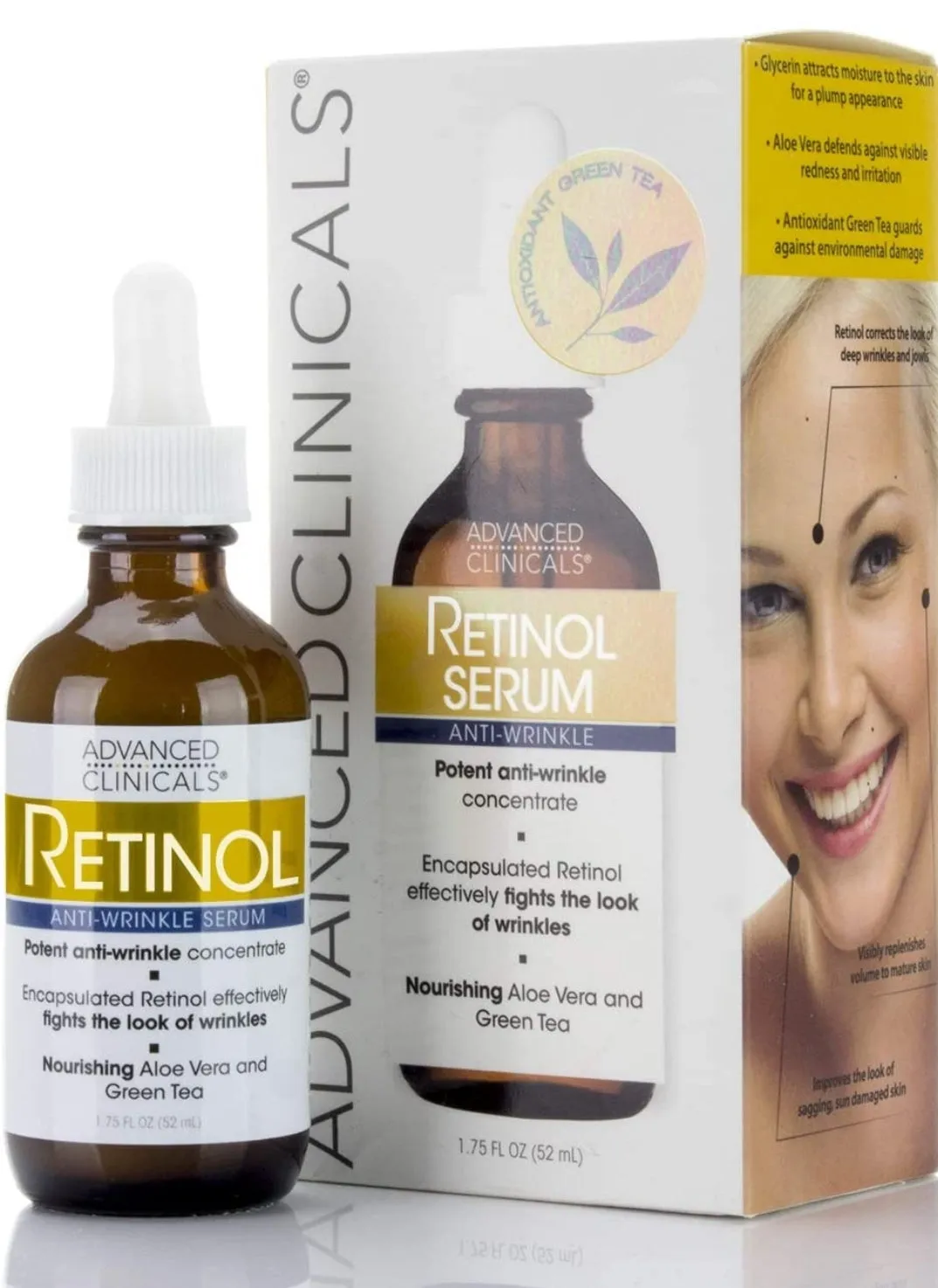 Advanced Clinicals Retinol Facial Serum Moisturizer Skin Care For Face, Anti Aging Retinol Concentrate Reduces Appearance Of Wrinkles & Fine Lines W/ Nourishing Aloe Vera & Green Tea, 1.75 Fl Oz