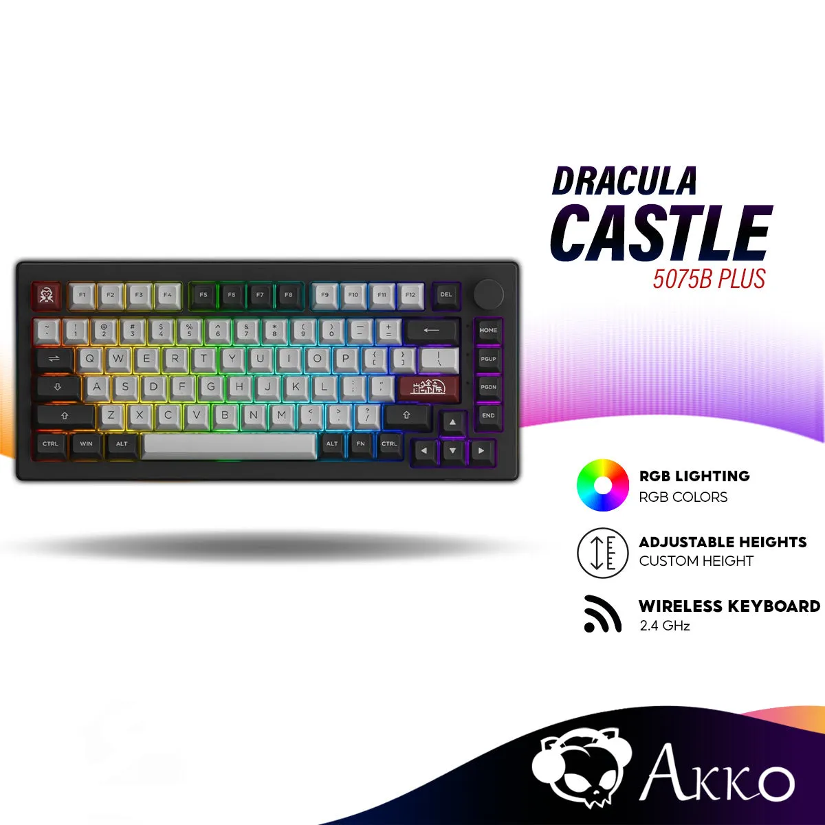 Akko Dracula Castle 5075B Plus Wireless Mechanical Gaming Keyboard with PBT Keycaps, RGB, 2.4GHz, Bluetooth, Compact