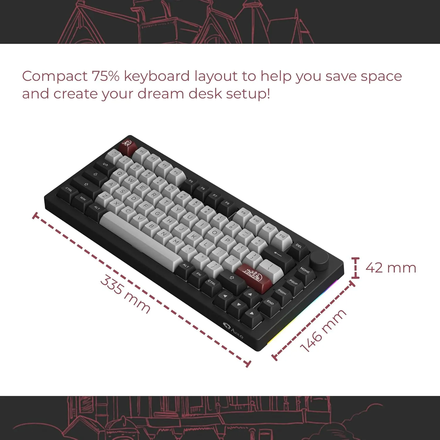 Akko Dracula Castle 5075B Plus Wireless Mechanical Gaming Keyboard with PBT Keycaps, RGB, 2.4GHz, Bluetooth, Compact