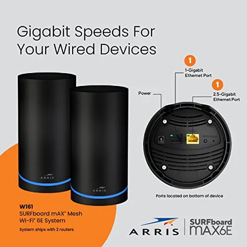 ARRIS Surfboard mAX 6E W161 Tri-Band Mesh Wi-Fi 6E System | AXE6600 Wi-Fi Speeds up to 6.6 Gbps| 6 GHz Band | Coverage up to 5,500 sq ft | 4.8 Gbps Backhaul | 2 Routers | 2.5 Gbps Ethernet Port