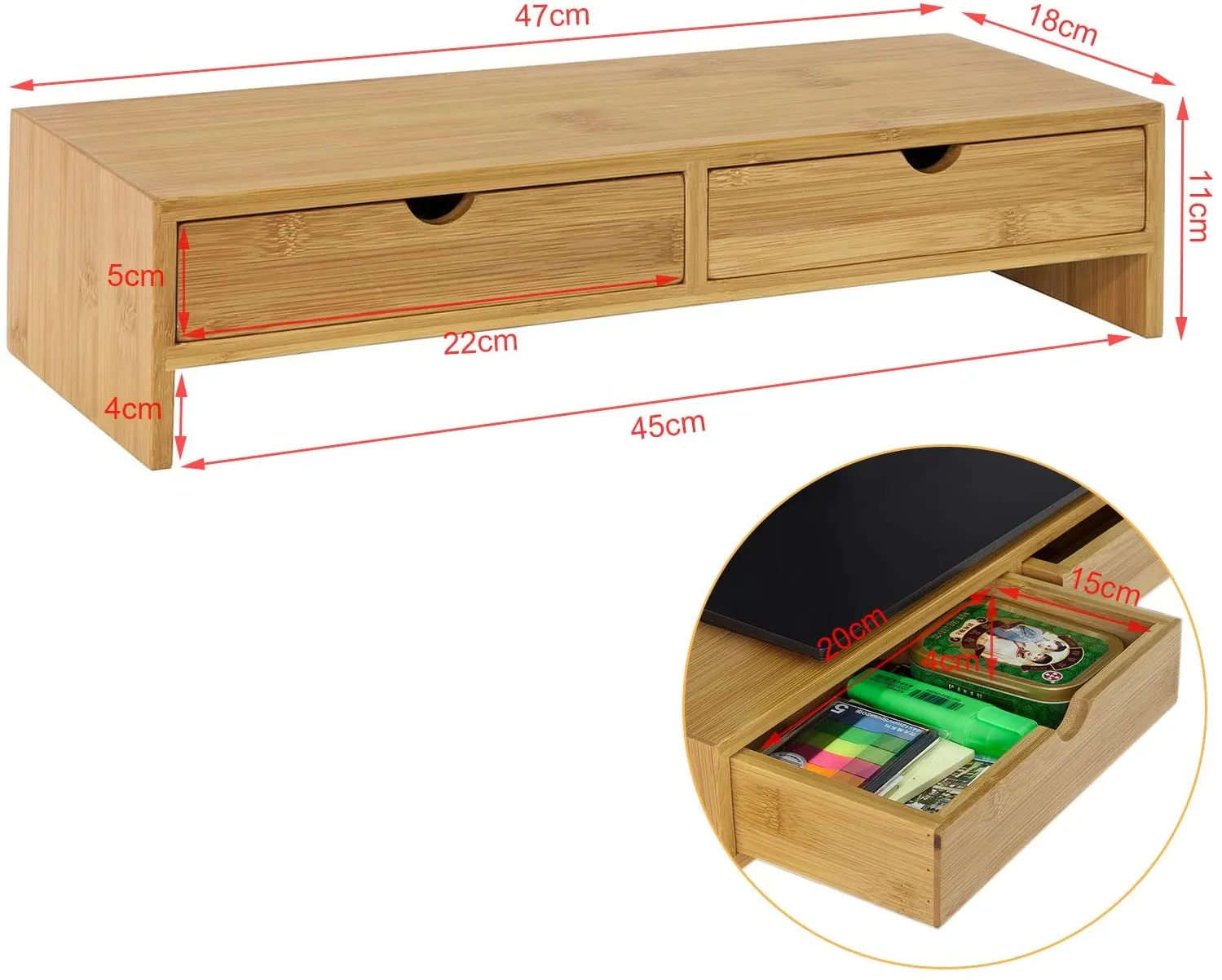 Bamboo Monitor Stand Desk Organizer with 2 Drawers