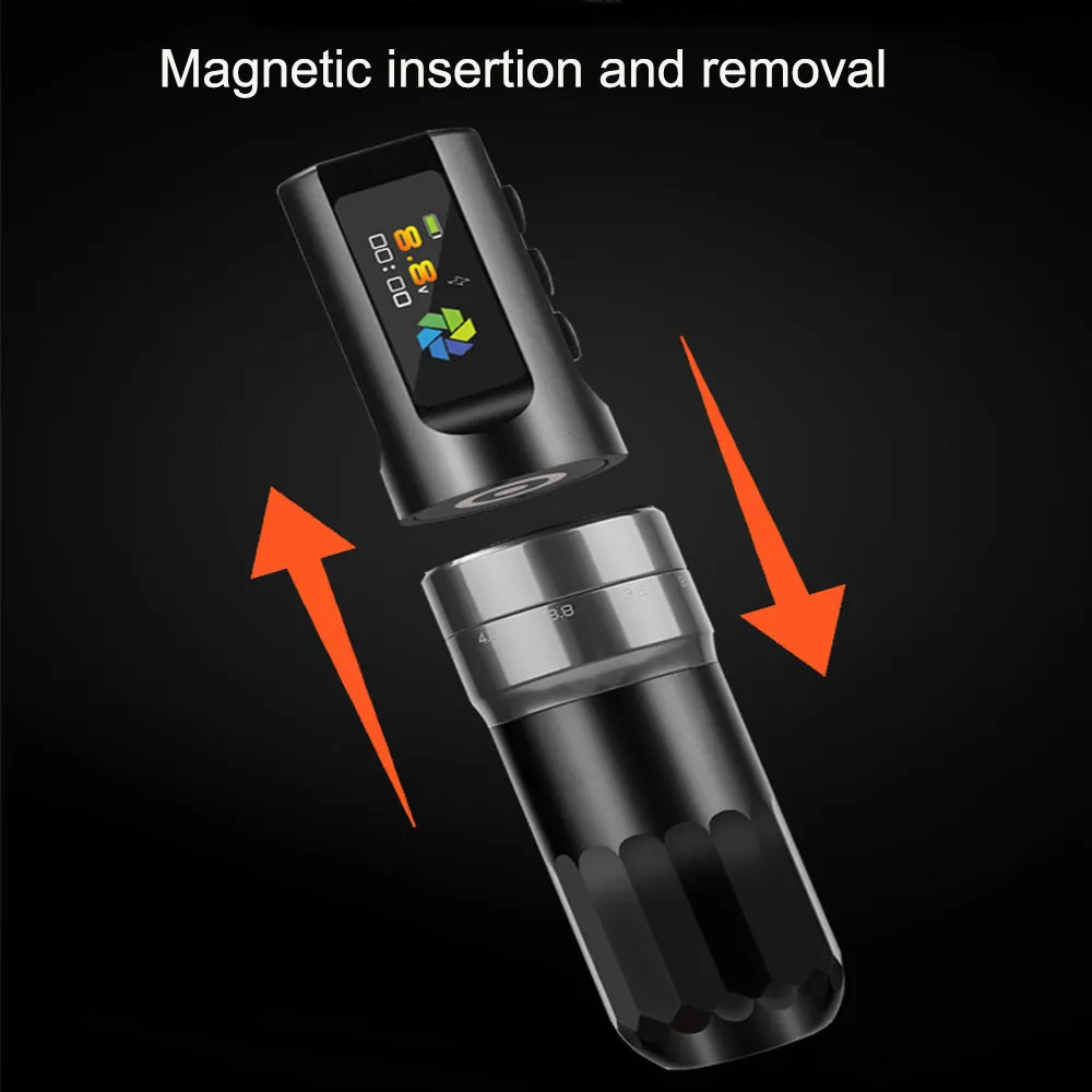 Black Wireless Tattoo Pen Rotary Machine, Adjustable Stroke, OLED Screen, Fast Charging