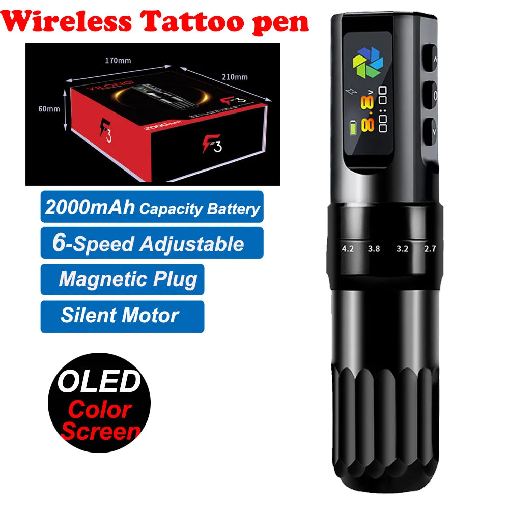 Black Wireless Tattoo Pen Rotary Machine, Adjustable Stroke, OLED Screen, Fast Charging