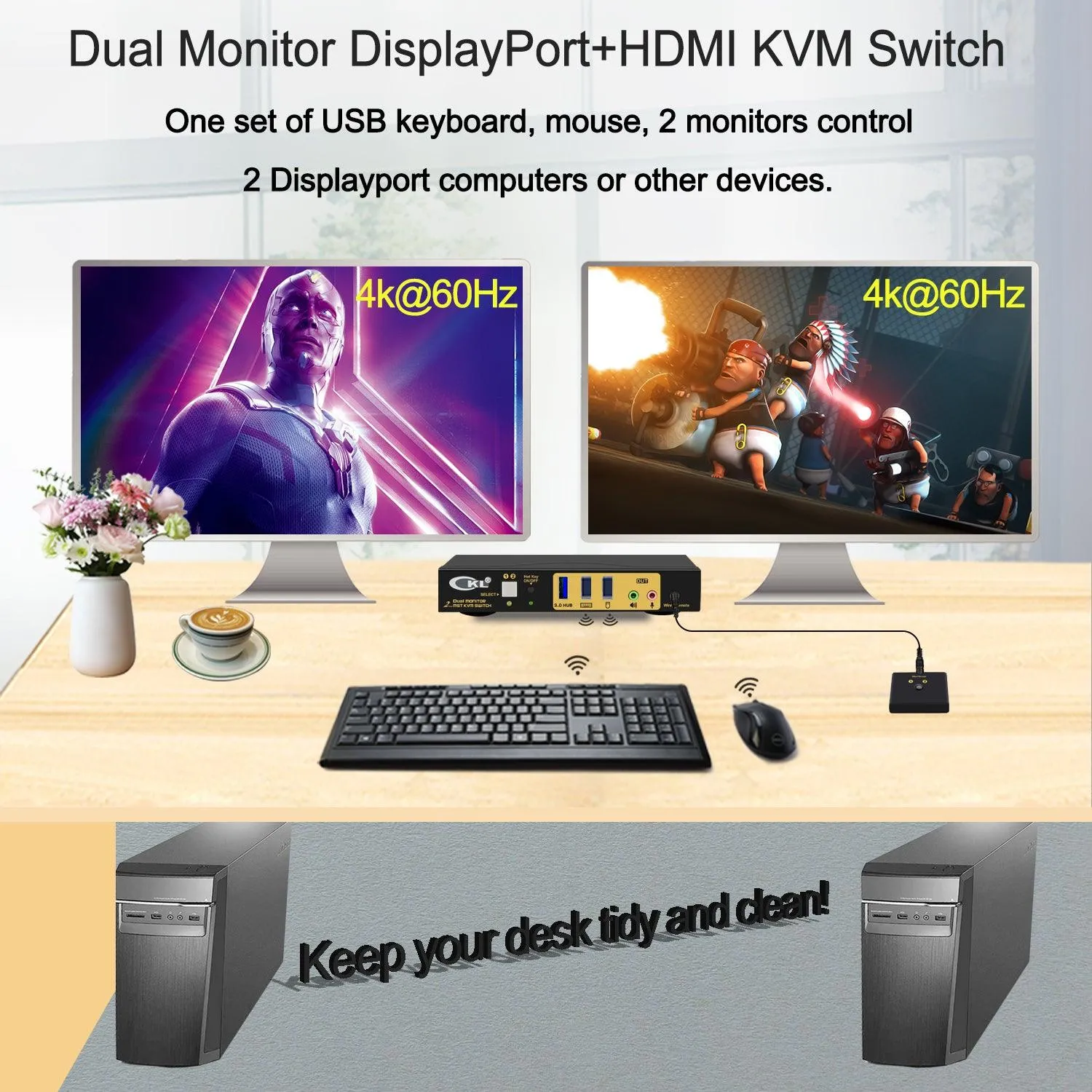 CKL 2 Port KVM Switch Dual Monitor DisplayPort 4K 60Hz for 2 Computers 2 Monitors, 1 DP Input to DP   HDMI Outputs for Each PC via DP 1.4 MST (622DH-MST)