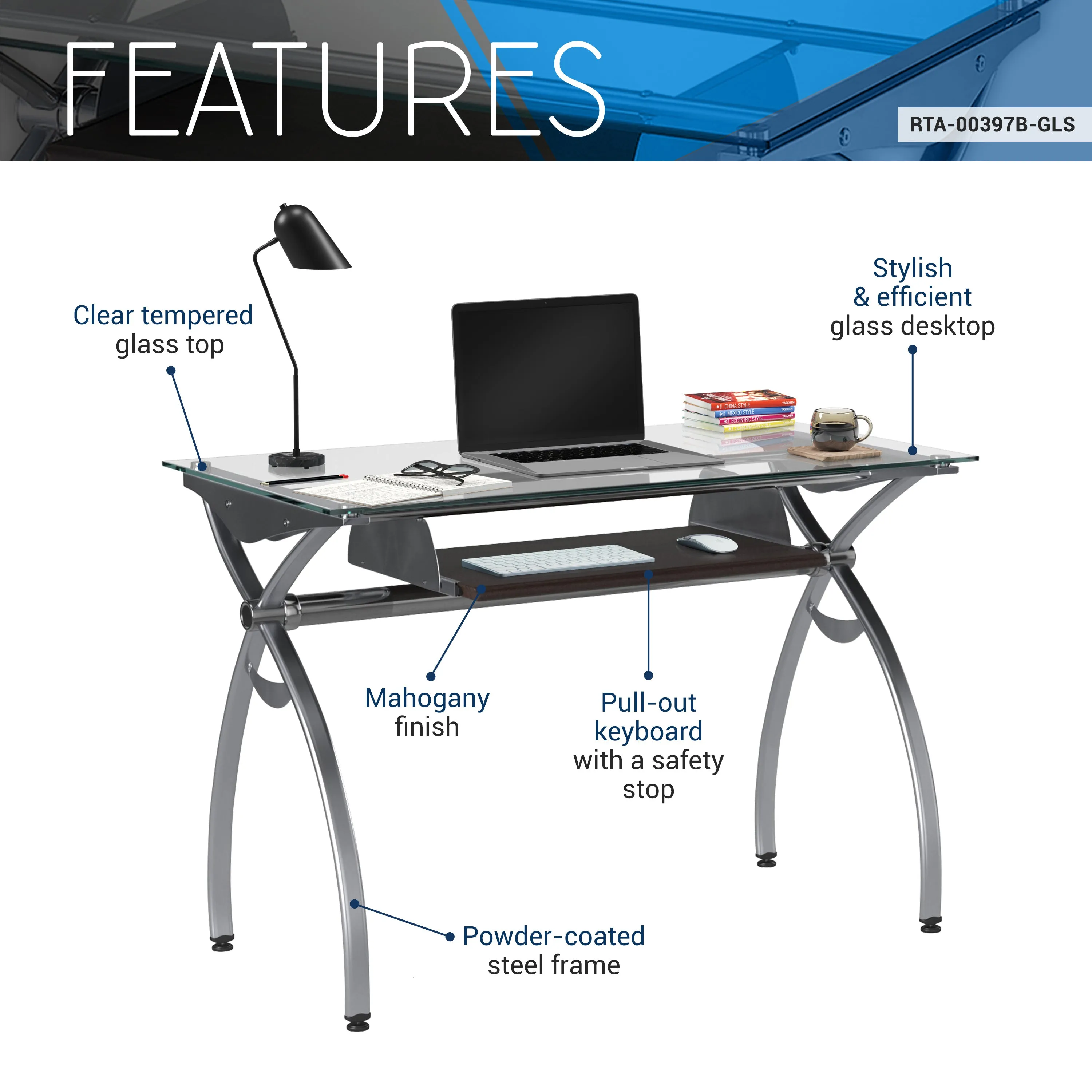 Clear View Tech Desk with Pull Out Keyboard Panel