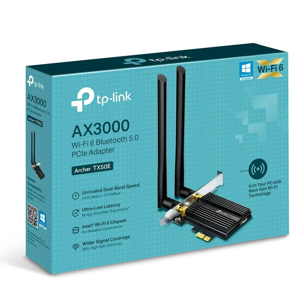 [CLEARANCE] TP-Link TX50E AX3000 Wi-Fi 6 Bluetooth 5.0 PCIe Adapter with High-Gain Dual-Band Antennas 2402Mbps 5GHz / 574Mbps 2.4GHz for PC, Desktop Computer, CPU with Windows 11/10 (64-bit) Only - Smart Network Devices | TPLINK TP LINK