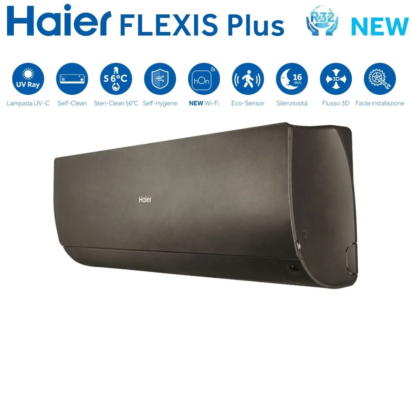 Climatizzatore Condizionatore Haier Quadri Split Inverter serie FLEXIS PLUS BLACK 7 7 7 9 con 4U75S2SR3FA R-32 Wi-Fi Integrato Colore Nero 7000 7000 7000 9000