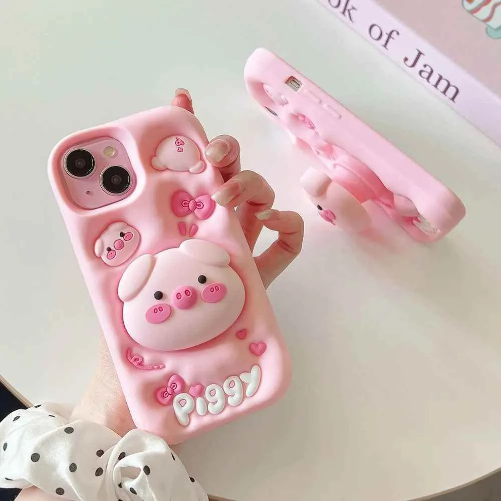 Cute Phone Cases for iPhone 15 Pro Max, 14, 13, 12, and 11 - Funny Pig Piggy, Telescopic Bracket - TSP284