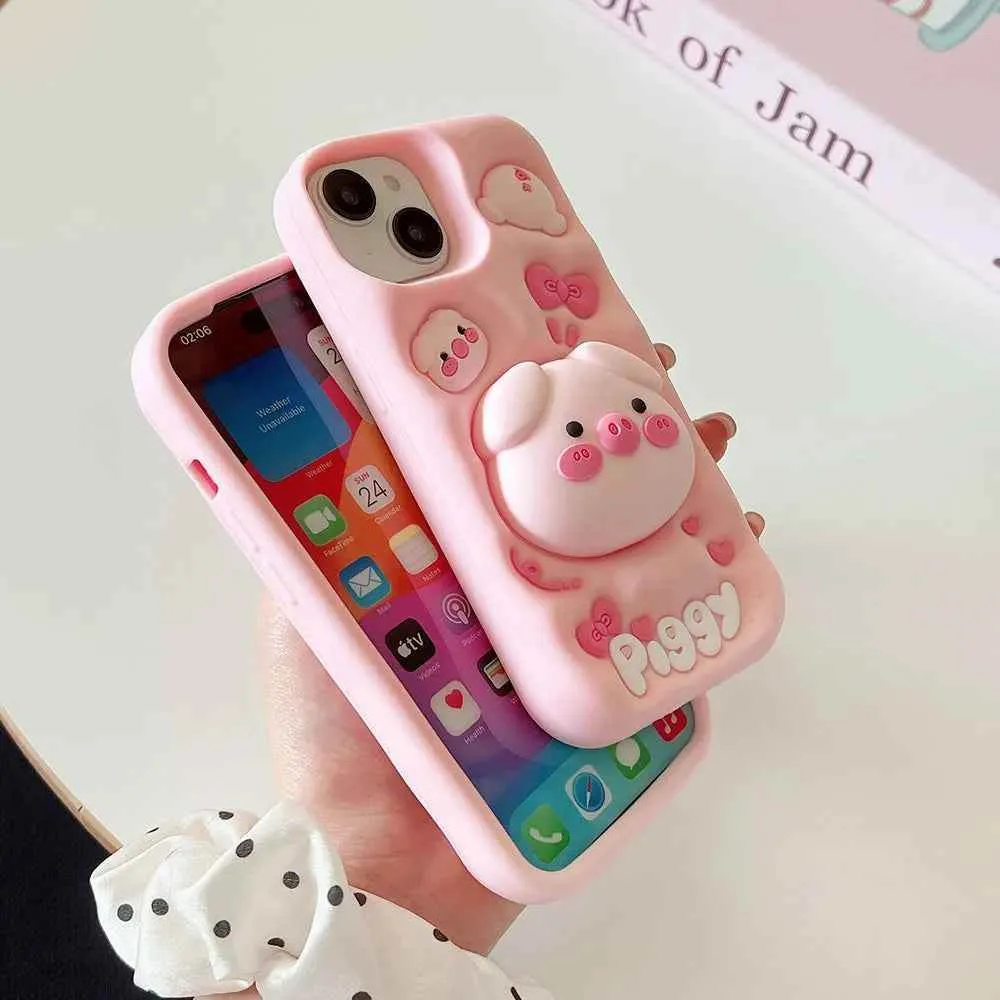 Cute Phone Cases for iPhone 15 Pro Max, 14, 13, 12, and 11 - Funny Pig Piggy, Telescopic Bracket - TSP284