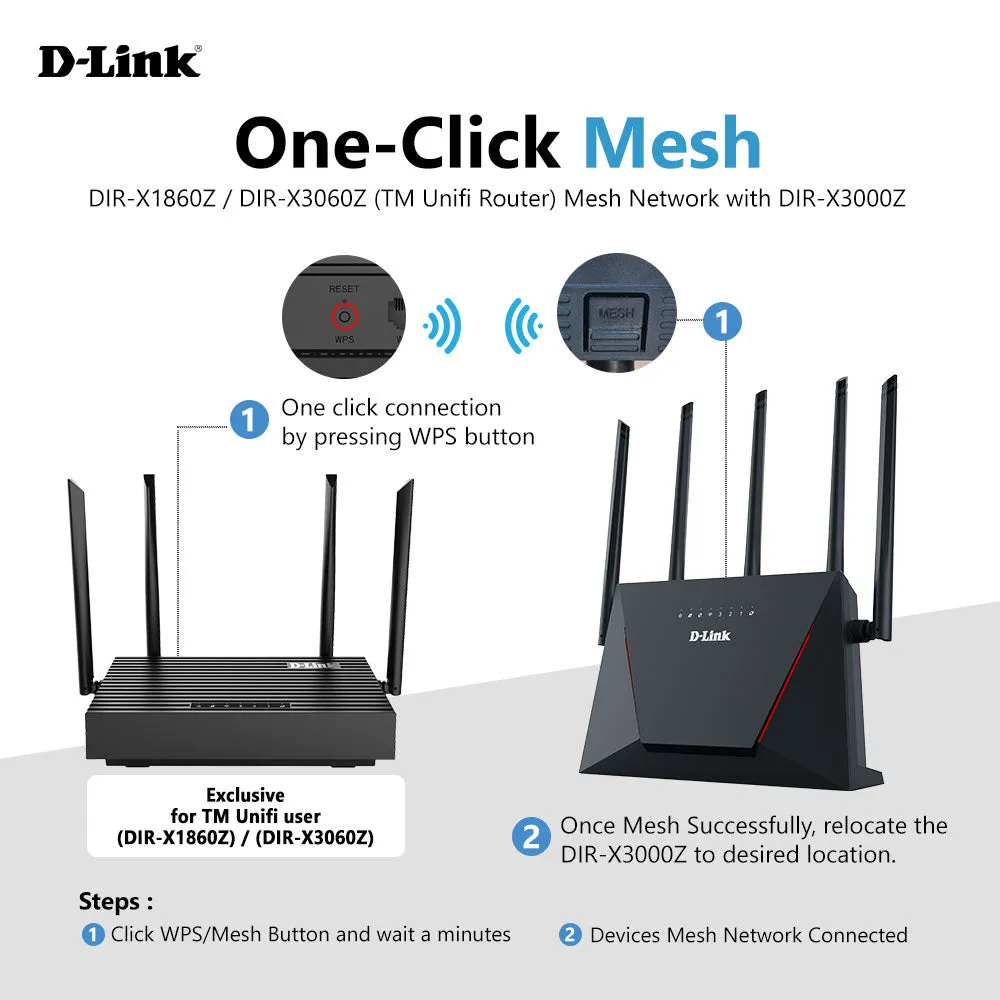 D-Link DIR-X3000Z AX3000 High Gain Antennas Mesh Wireless WiFi 6 Router with OFDMA & MU-MIMO | Mesh with TM Router DIR-X1860Z / DIR-X3060Z