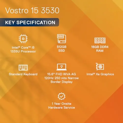 Dell Vostro 15 Thin & Light Laptop, Intel Core 13th Generation i5-1334U Processor, 16GB DDR4 & 512GB SSD, 15.6"(39.62cm) FHD 120Hz 250 nits, Windows 11   MSO'21   15 Month Mcafee, Carbon Black, 1.66kg