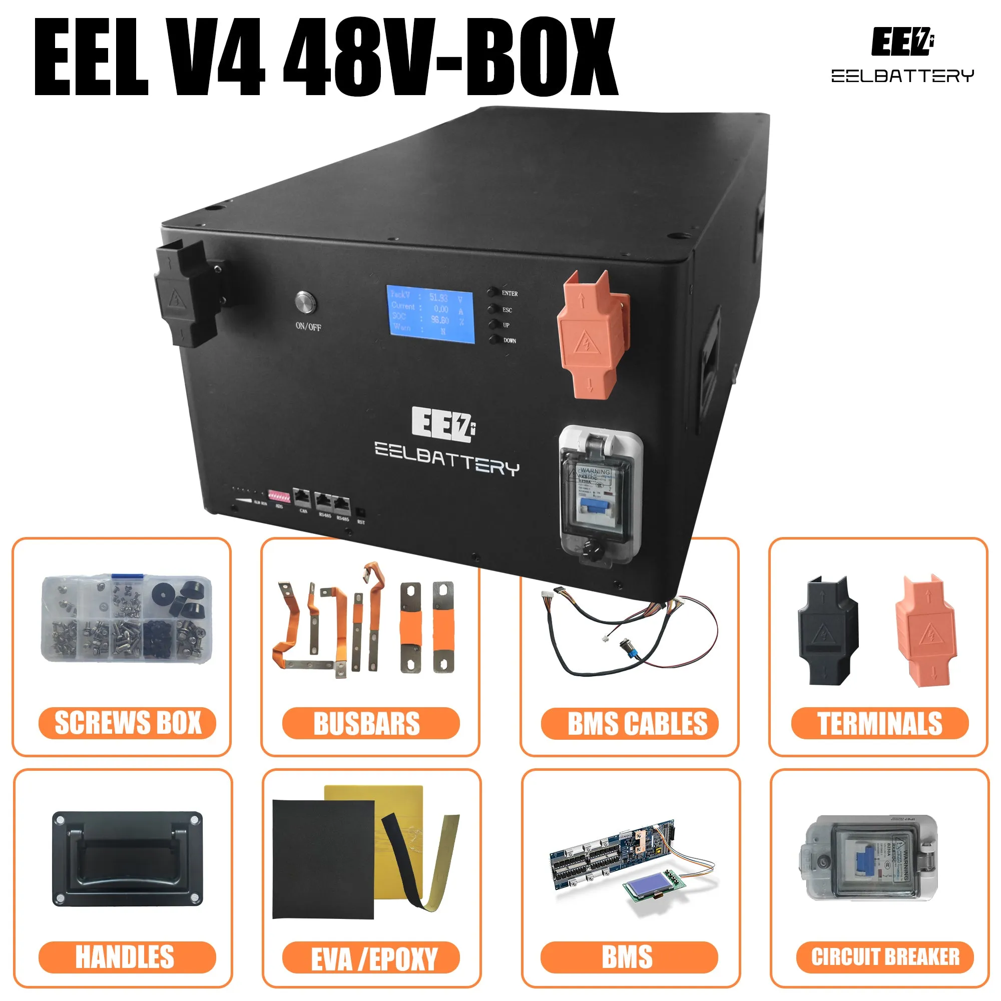 EEL 48V Battery Box V4 Kit with Bluetooth BMS 15Kwh Energy Storage Stackable Type EU Shipping