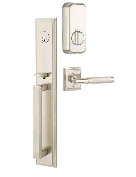 Emtek Single Cylinder Melrose Handleset EMPowered Motorized Smart Lock Upgrade With Select L-Square Knurled Lever