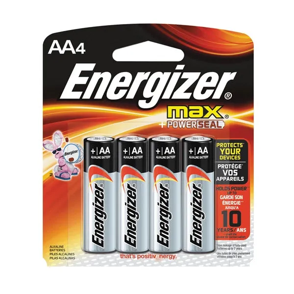 Energizer E91 E91BP-4 Battery, 1.5 V Battery, 2850 mAh, AA Battery, Alkaline, Manganese Dioxide, Zinc, Silver