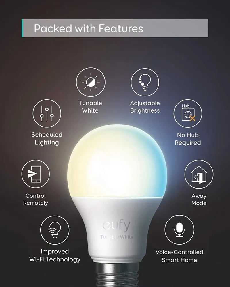 EUFY by Anker, Lumos Smart Bulb 2.0 - Tunable White, Soft White to Daylight, 9W, Works with Amazon Alexa and The Google Assistant, No Hub Required, Wi-Fi, 60W Equivalent, Dimmable LED Bulb, A19, E26,