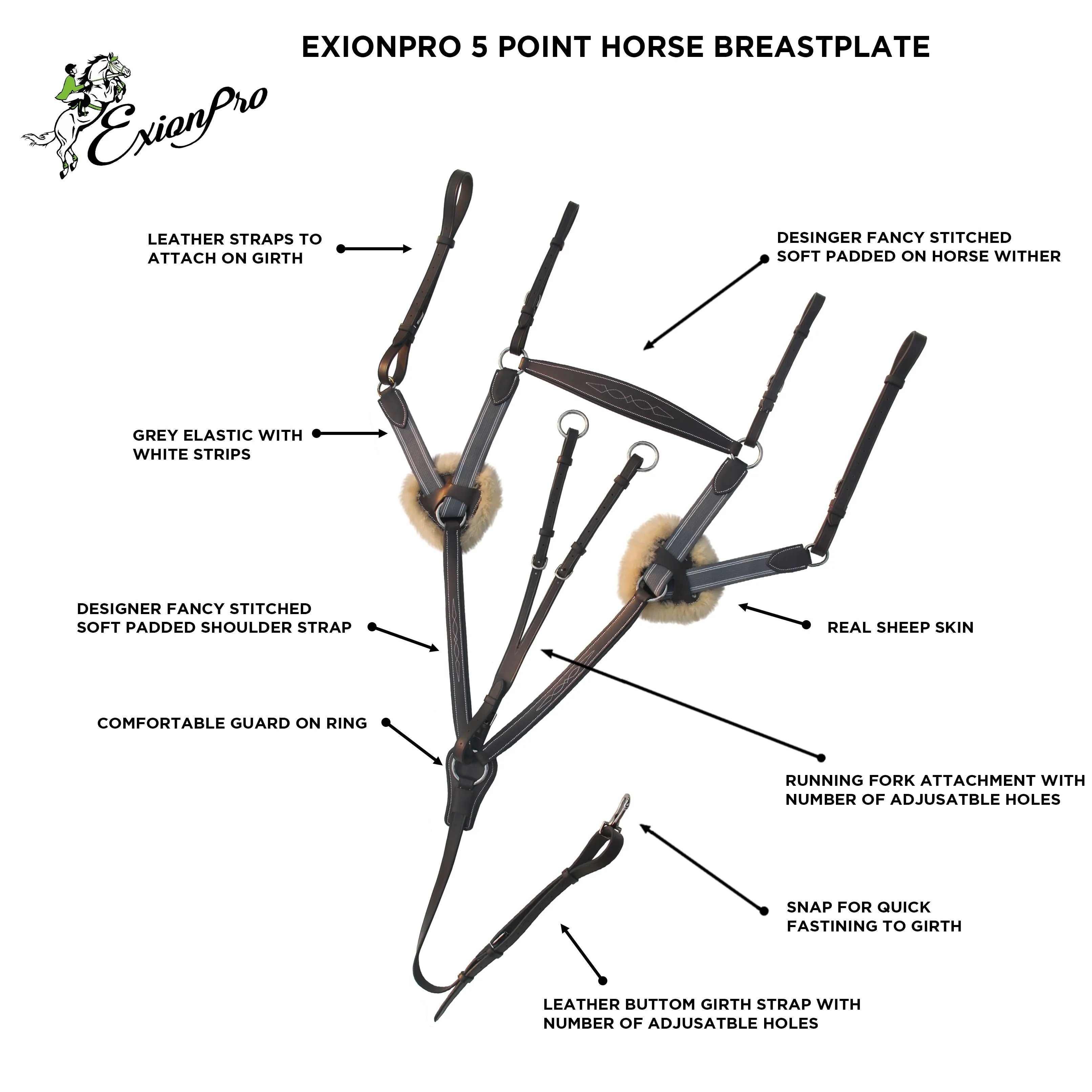 ExionPro 5 Point Breastplate with Running Attachment and Sheepskin Fur Padding - Grey Elastic & White Lines