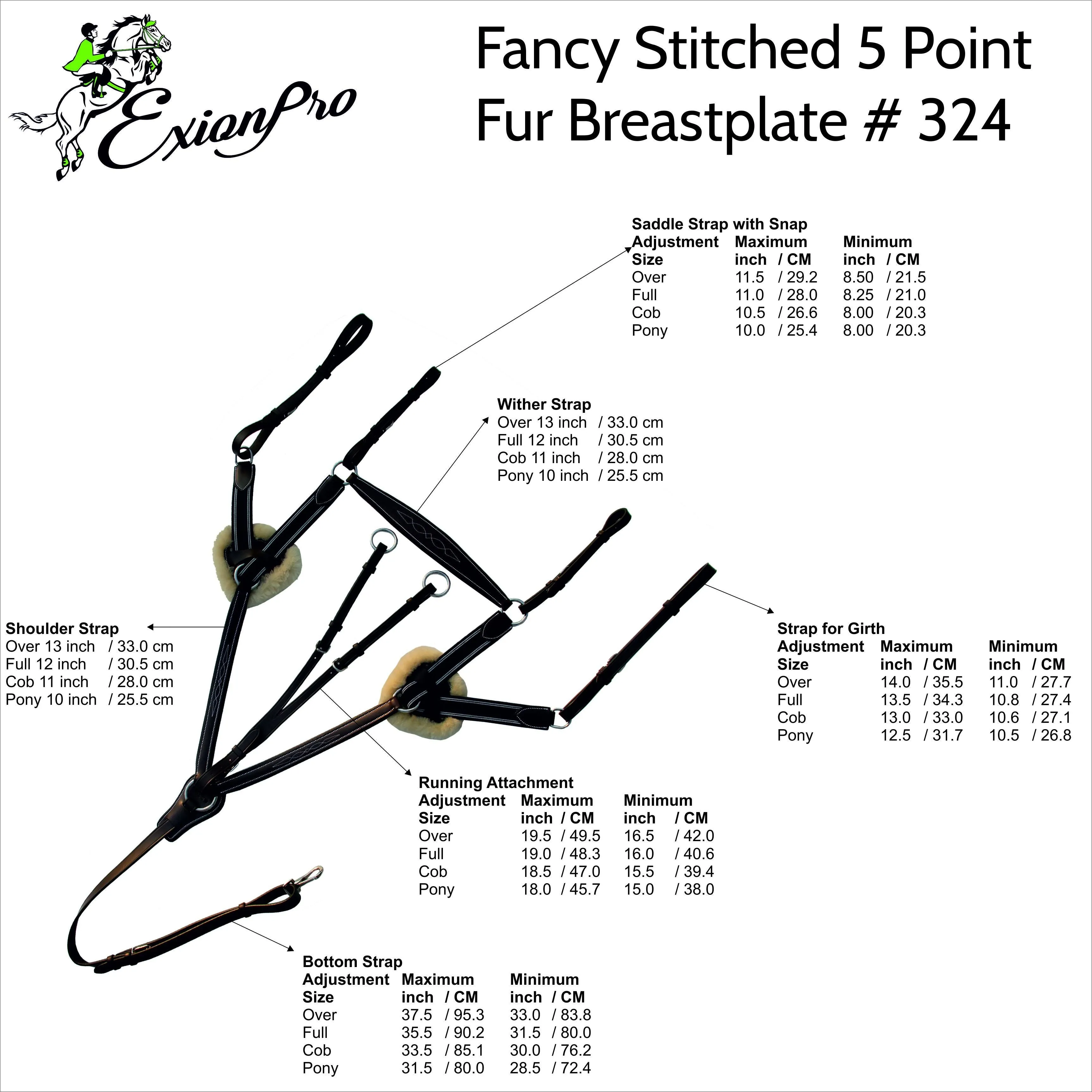 ExionPro 5 Point Breastplate with Running Attachment and Sheepskin Fur Padding - Grey Elastic & White Lines