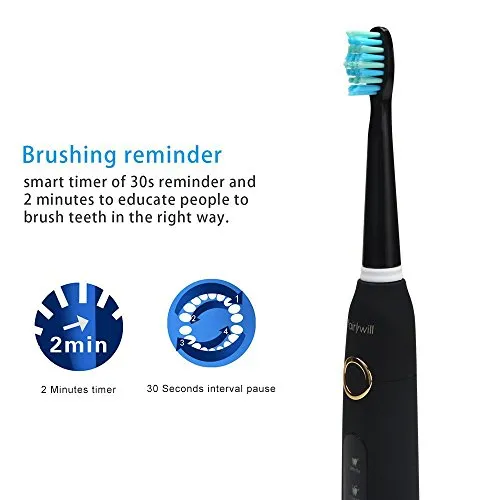 Fairywill Travel Electric Toothbrush Clean as Dentist Rechargeable Sonic Toothbrush with Timer 5 Optional Modes Waterproof Crystal Black, Travel Case Included Travel Friendly