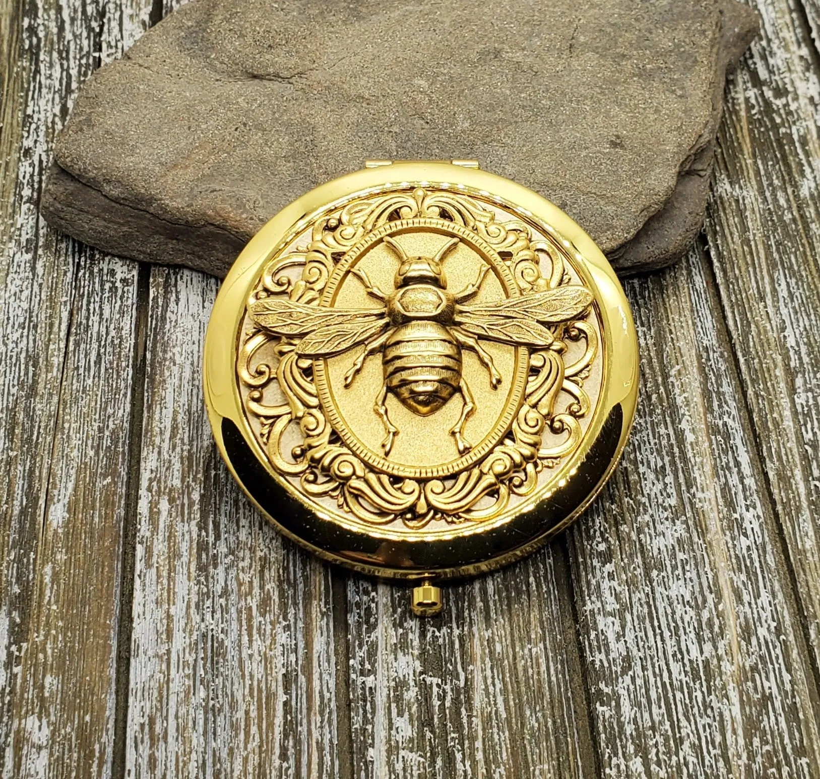 Handmade Victorian Golden Bee Steampunk Compact Mirror