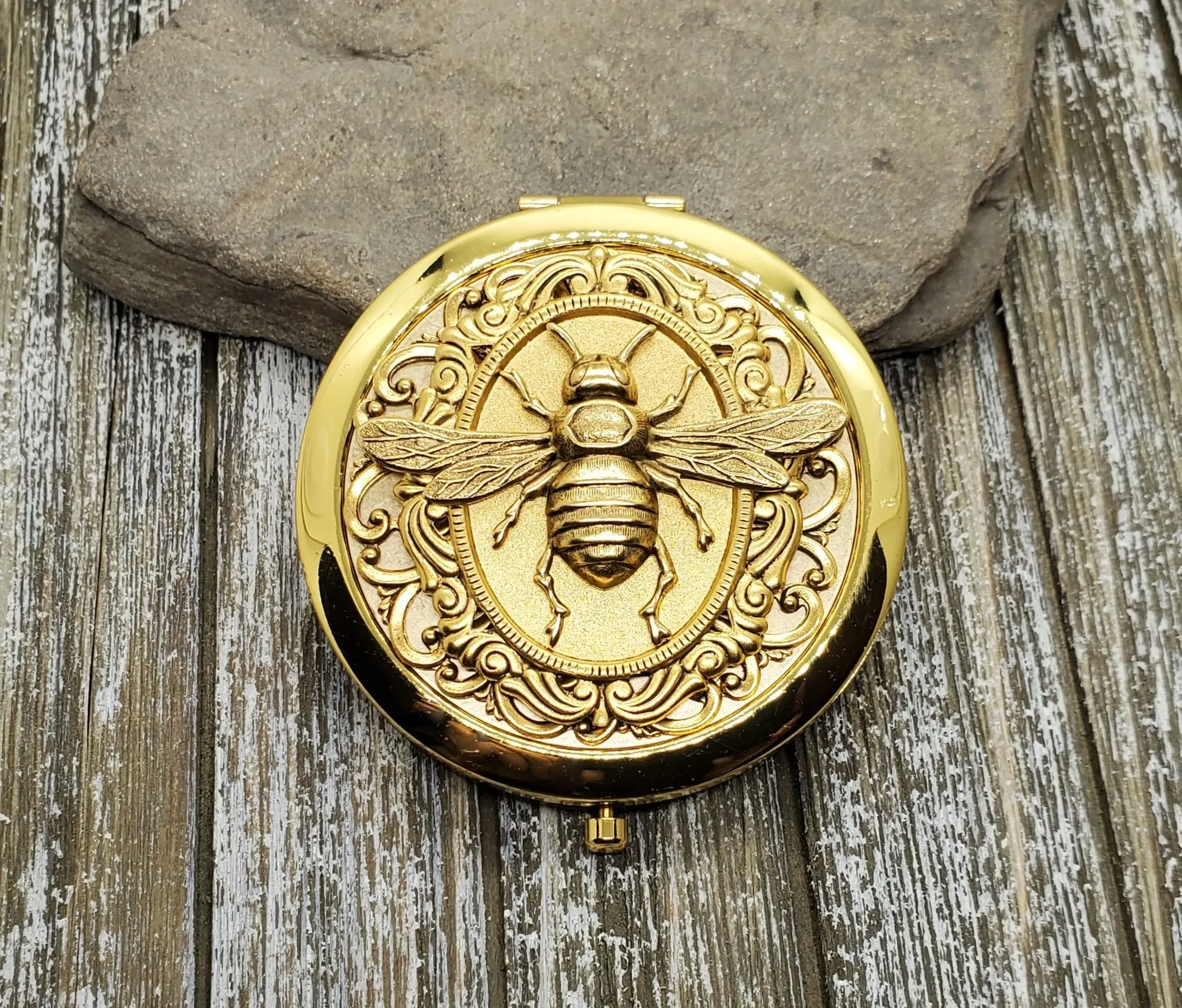 Handmade Victorian Golden Bee Steampunk Compact Mirror