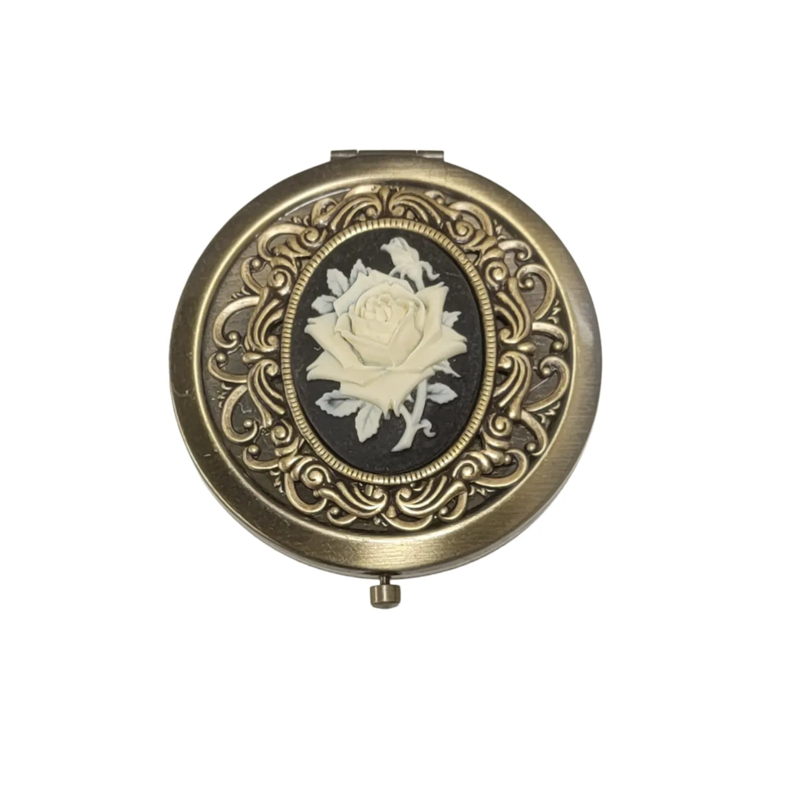 Handmade Victorian Oxidized Brass Rose Cameo Compact Mirror