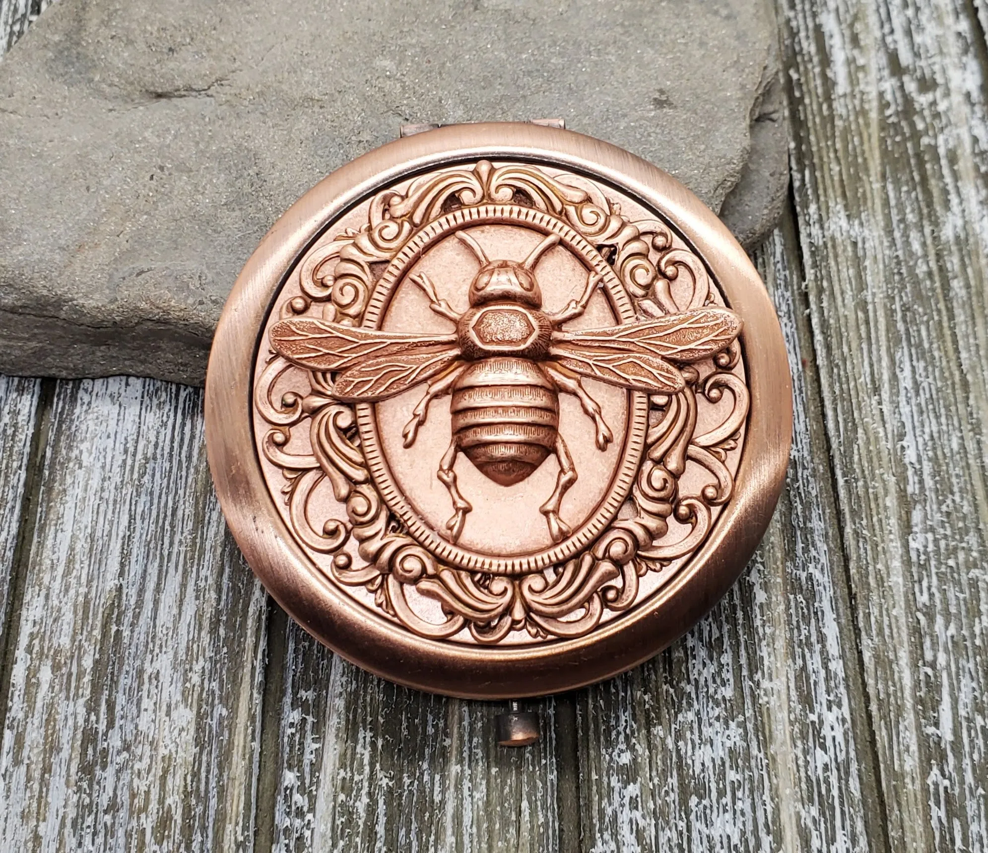 Handmade Victorian Oxidized Rose Gold Bee Steampunk Compact Mirror