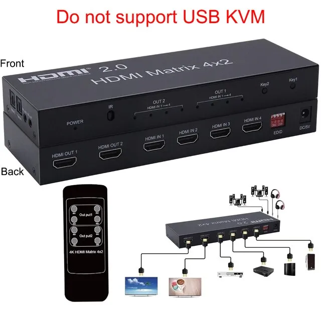 HDMI 2.0 4x2 HDMI KVM Matrix Audio Video Switch Splitter Dual Display 4K 60hz Support 2 USB Mouse Keyboard Control 4 Computer PC