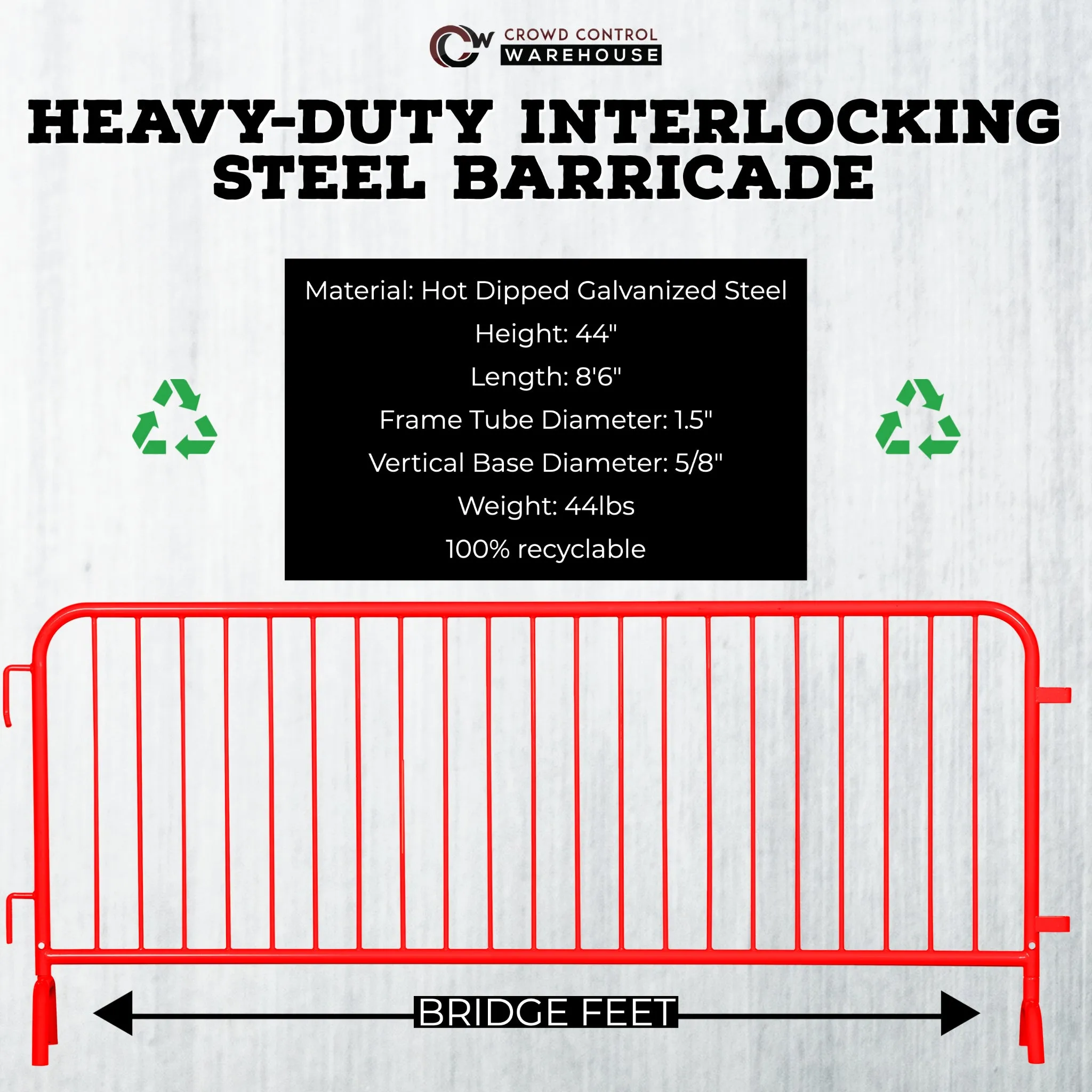 Heavy Duty Interlocking Steel Barricade, 8.5 Ft., Red - Angry Bull Barricades