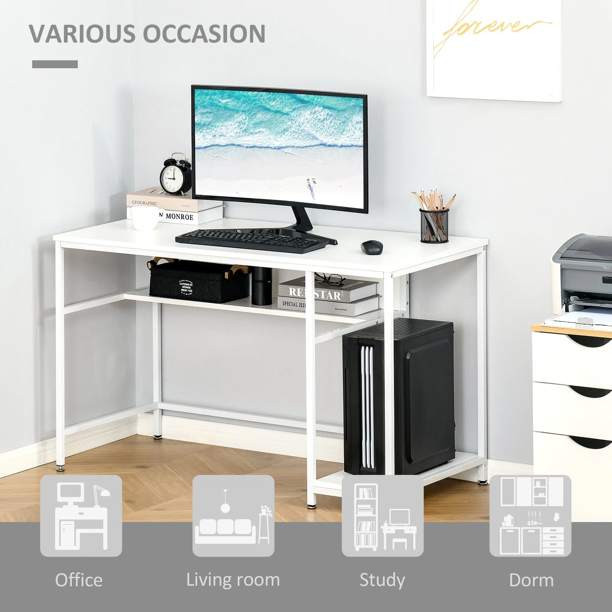 Home Computer Desk Writing Study Table Offcie PC Workstation with Storage Shelf, White w/ Storage