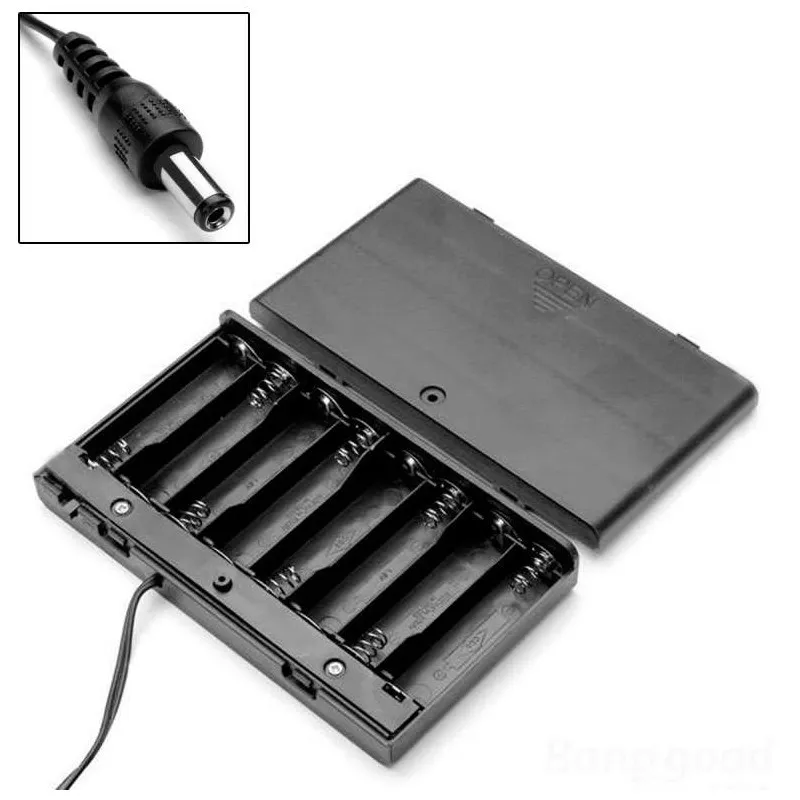 Hot Sale 8x AA Battery 12V Storage Holder Box Case Battery Pack with ON-OFF Switch Black with DC plug cable in side