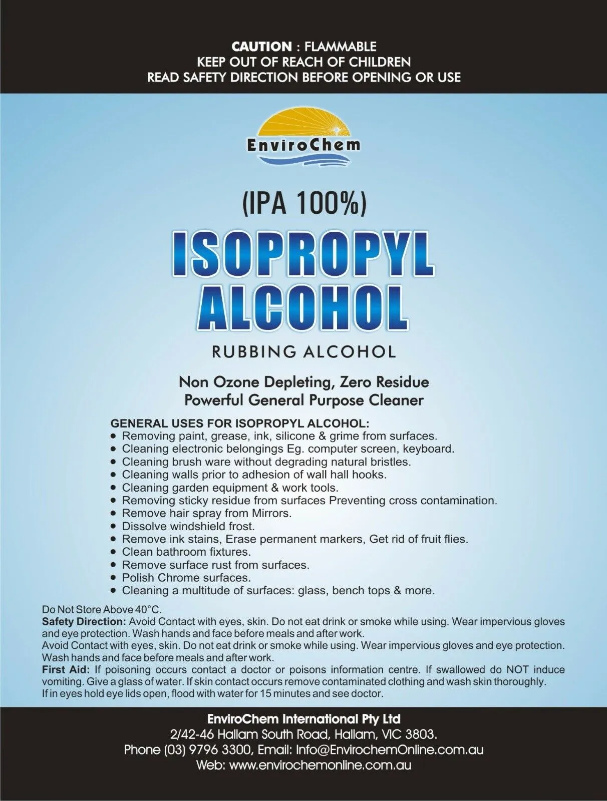 Isopropyl Alcohol (100% IPA), Isopropanol, Rubbing Alcohol