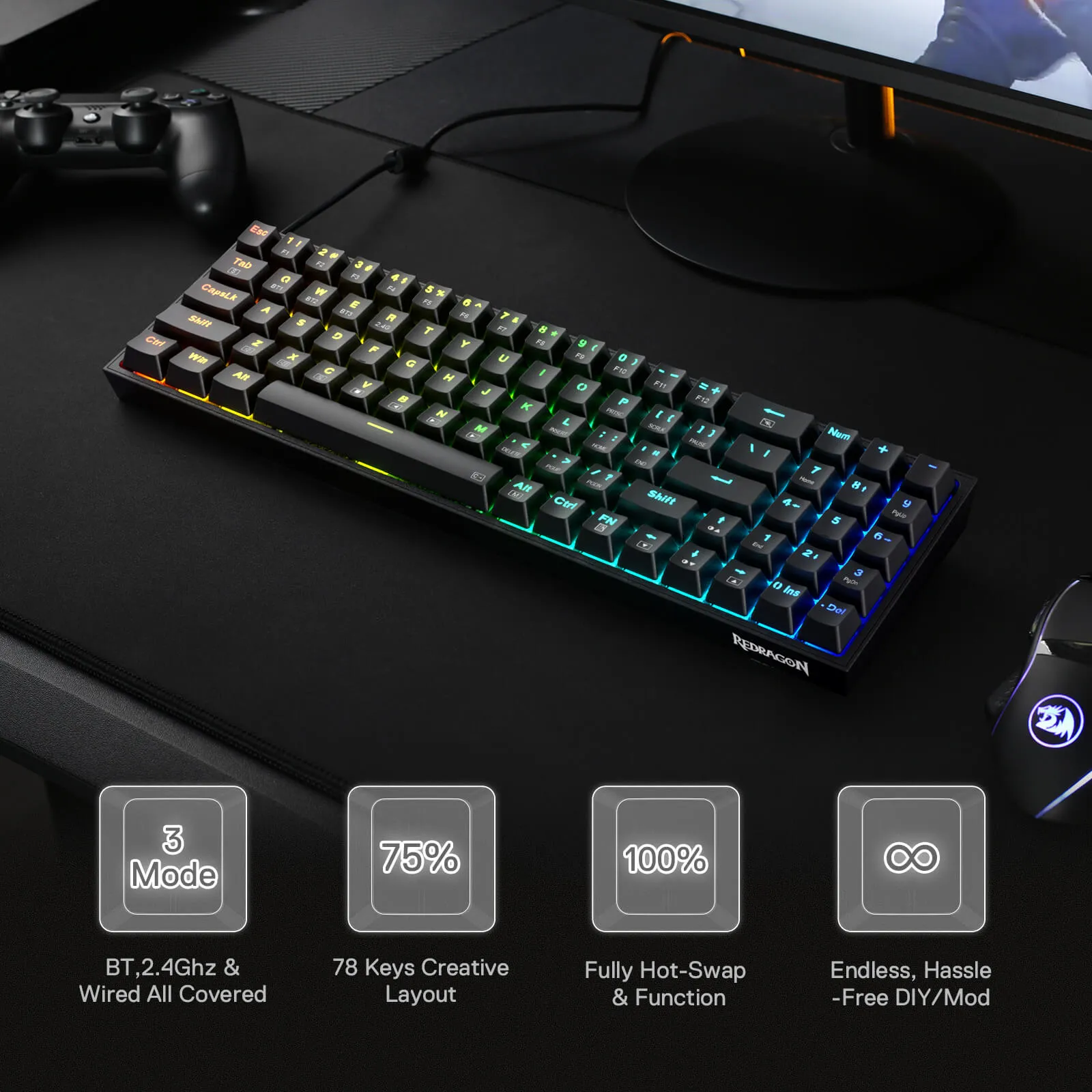 K628 75% Mechanical Gaming Keyboard M693 Gaming Mouse Tri-Modes Combo