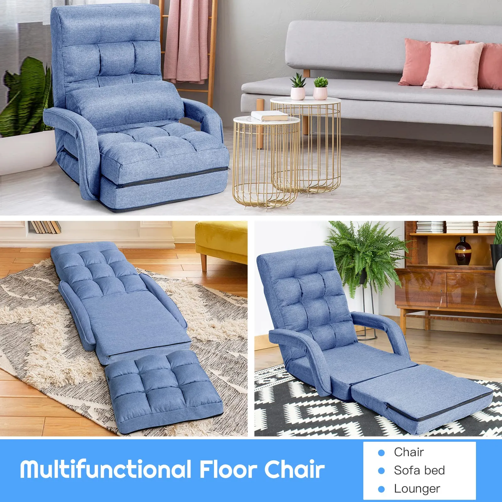 KOMFOTT Adjustable Floor Chair, Folding Lazy Sofa Chair with 5 Positions, Detachable Seat Cushion