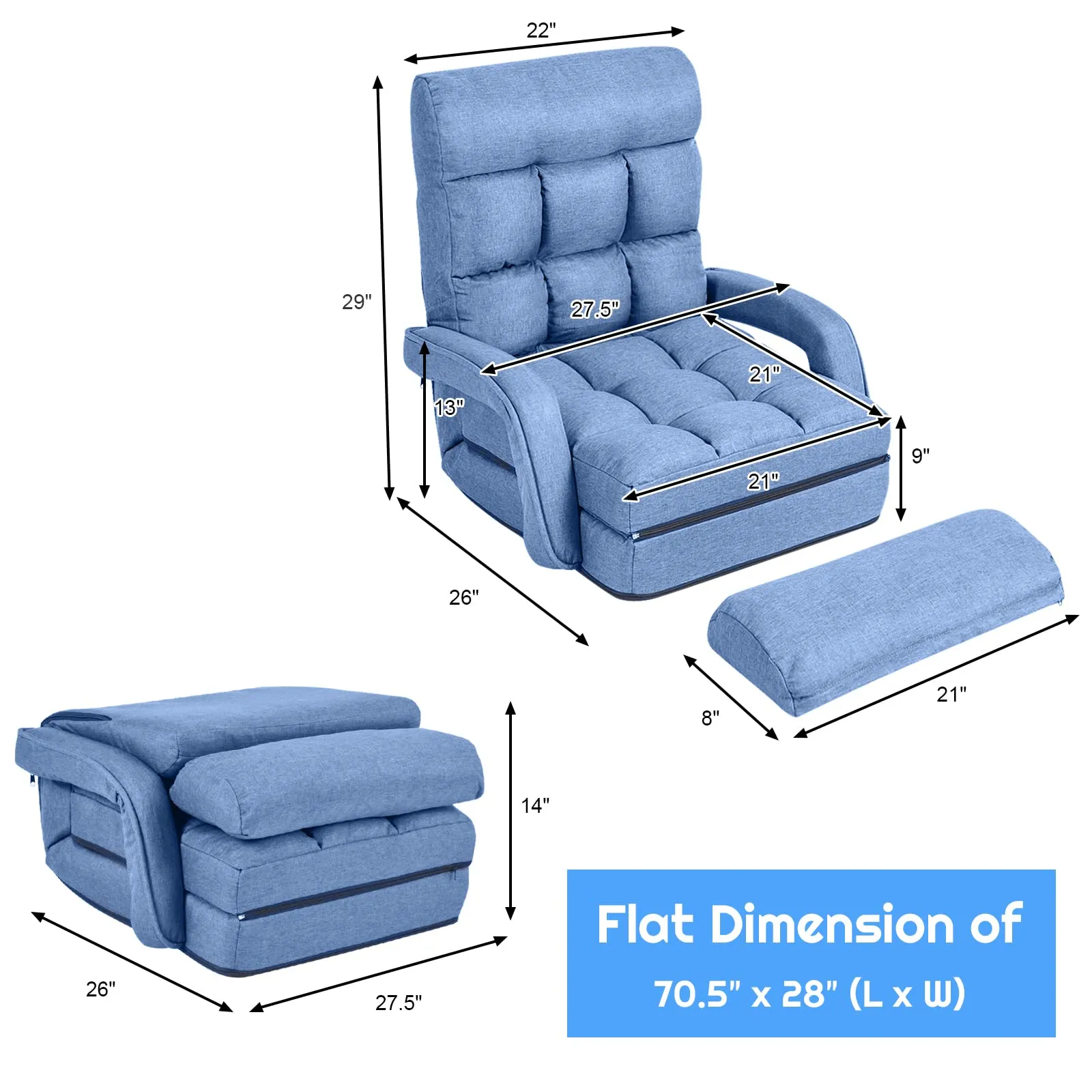 KOMFOTT Adjustable Floor Chair, Folding Lazy Sofa Chair with 5 Positions, Detachable Seat Cushion