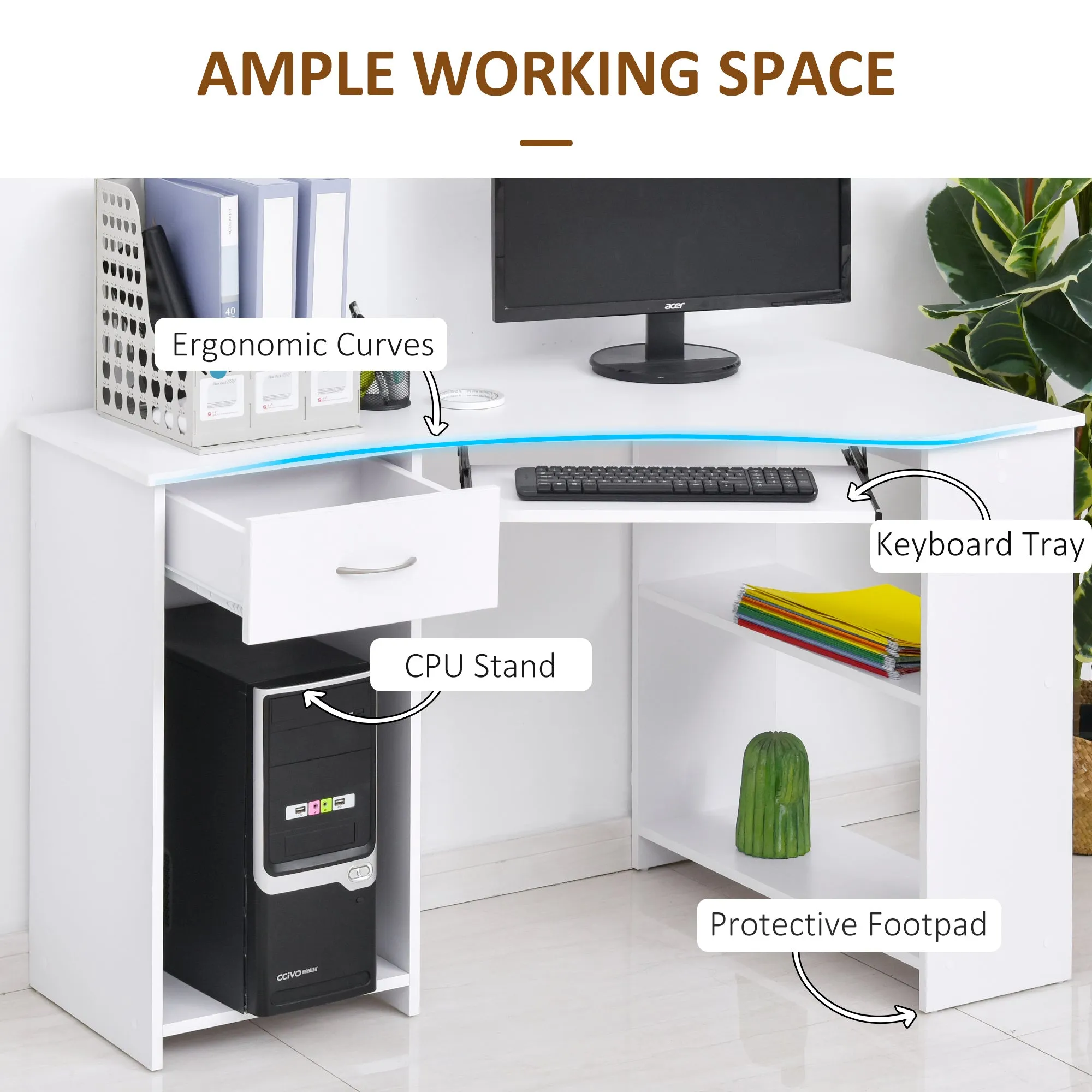 L-Shaped Corner Computer Desk w/ 2 Shelves Wide Worktop Keyboard Tray Drawer & CPU Stand Home Office Study Bedroom Furniture White