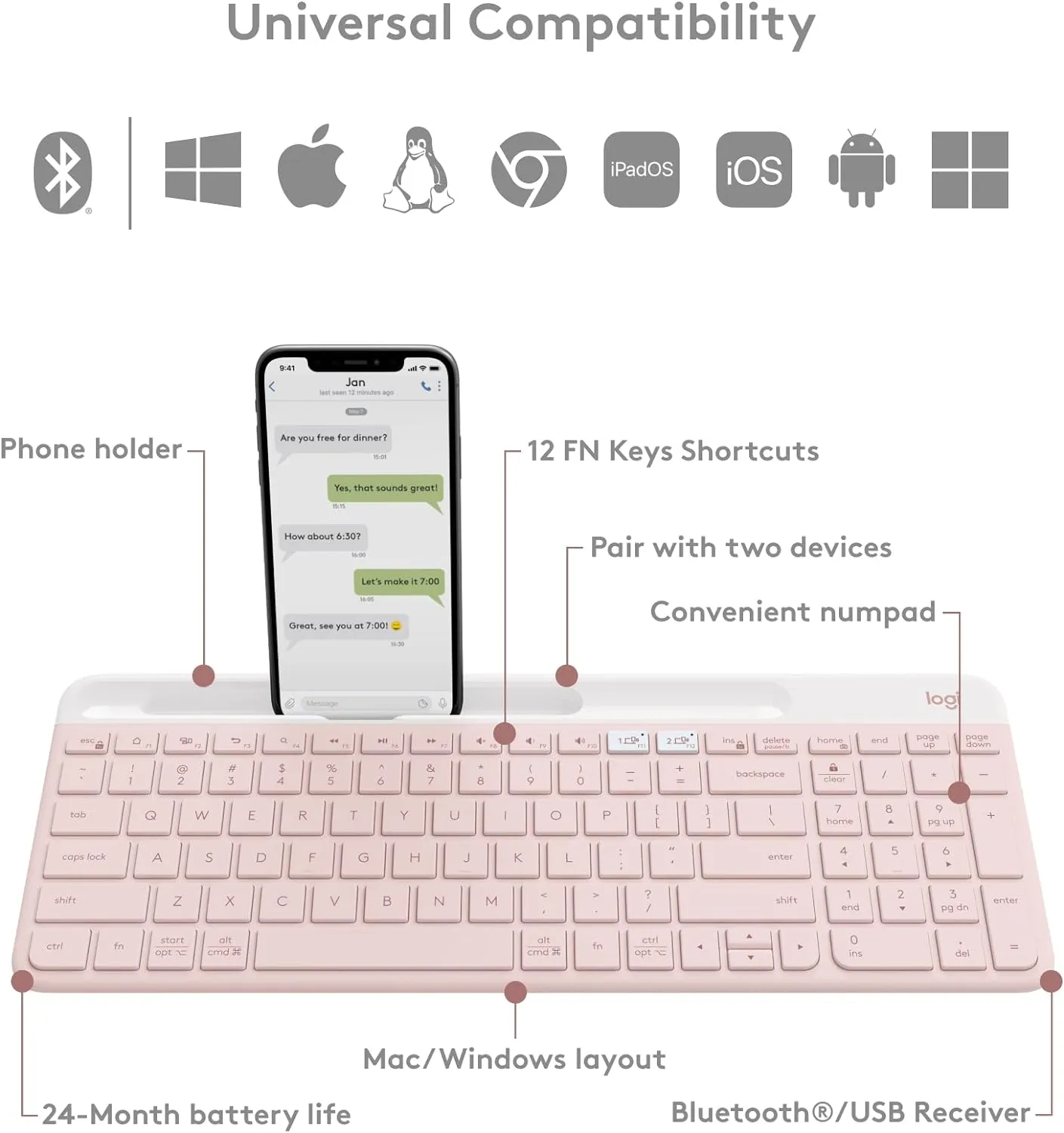 Logitech K580 Slim Multi-Device Wireless Keyboard (English Version) - Rose Pink 玫瑰粉色 920-011329 原裝行貨