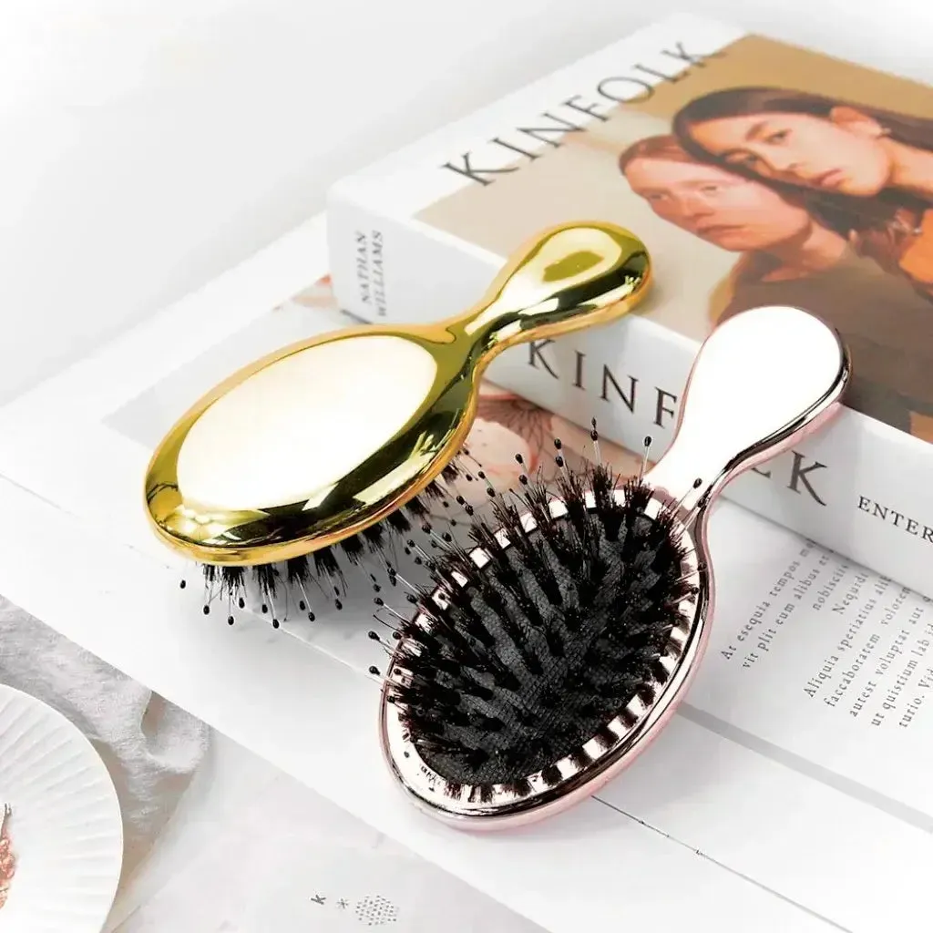 Mini Boar Bristle Hair Brush Small Hair Brush for Travel Mirror Comb