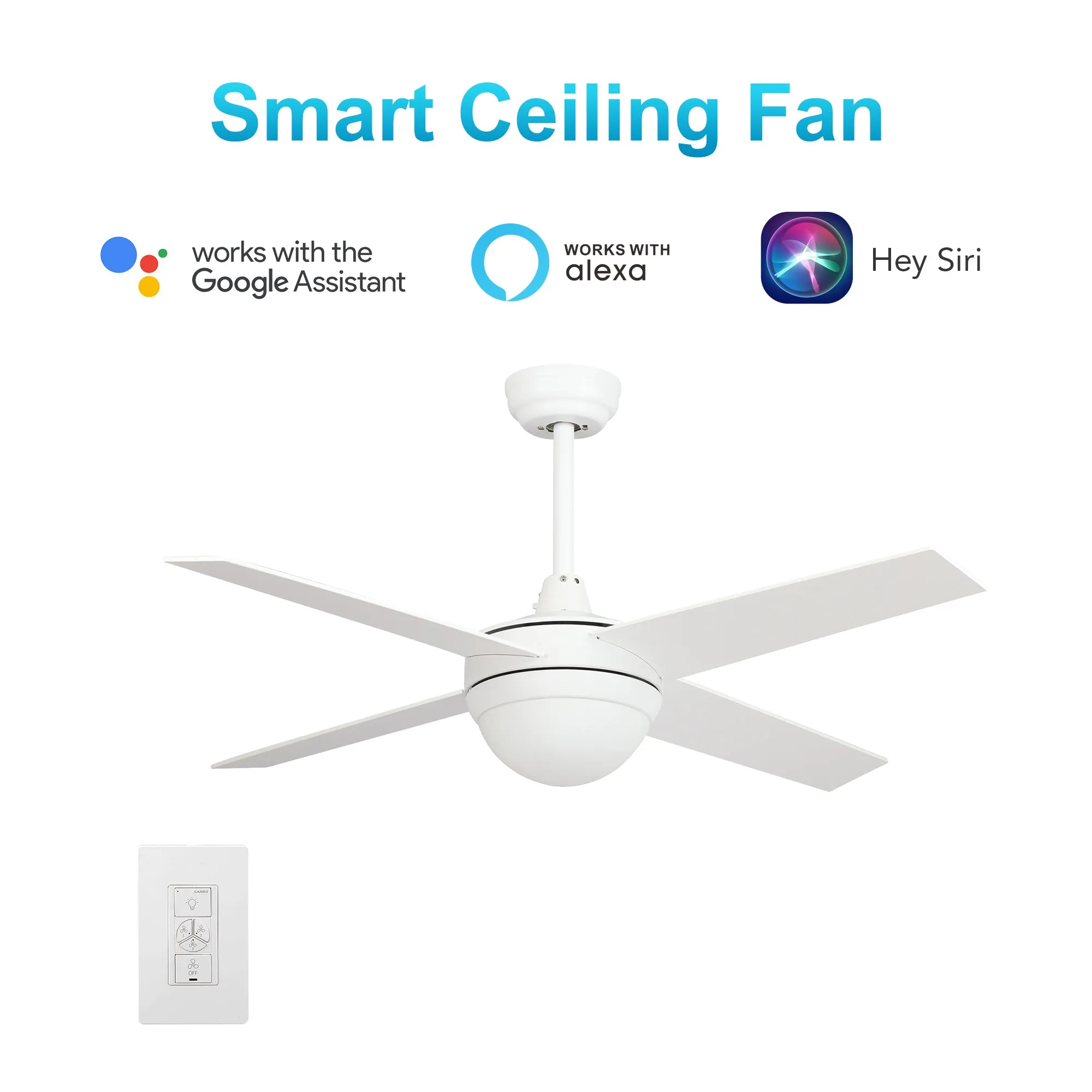 NEVA 52 inch 4-Blade Smart Ceiling Fan with LED Light Kit & Smart Wall Switch - White/White