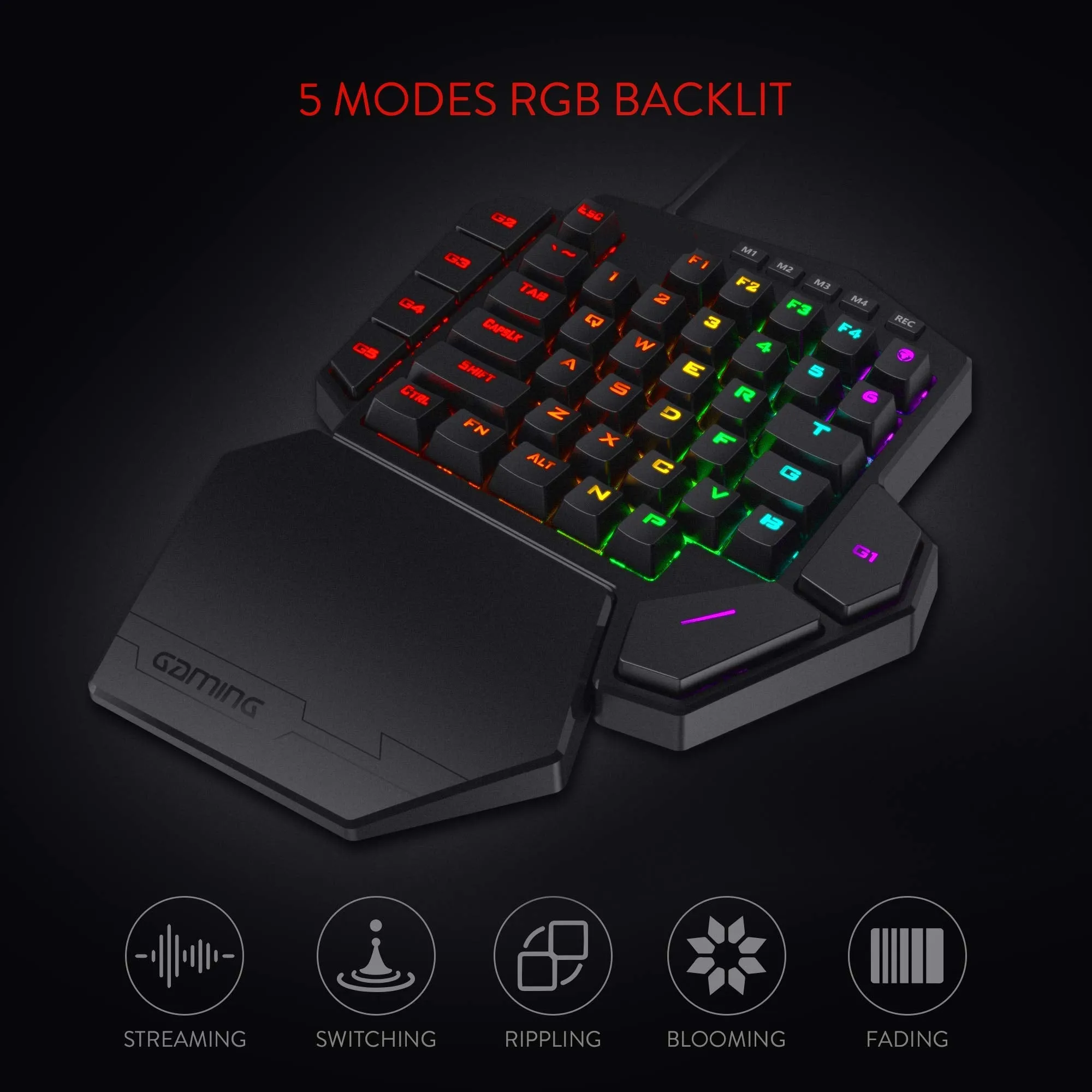 One-Handed Wired RGB Mechanical Gaming Keyboard, 42 Keys Type-C Keypad with Hot-Swappable Socket, 7 Macro Keys & Detachable Wrist Rest