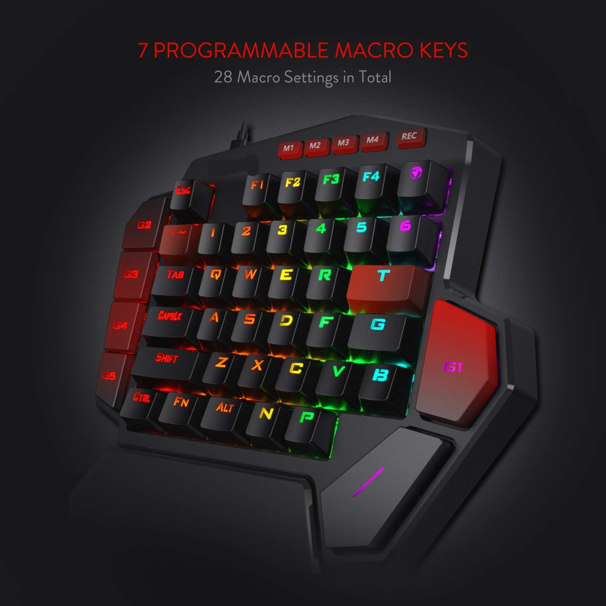 One-Handed Wired RGB Mechanical Gaming Keyboard, 42 Keys Type-C Keypad with Hot-Swappable Socket, 7 Macro Keys & Detachable Wrist Rest