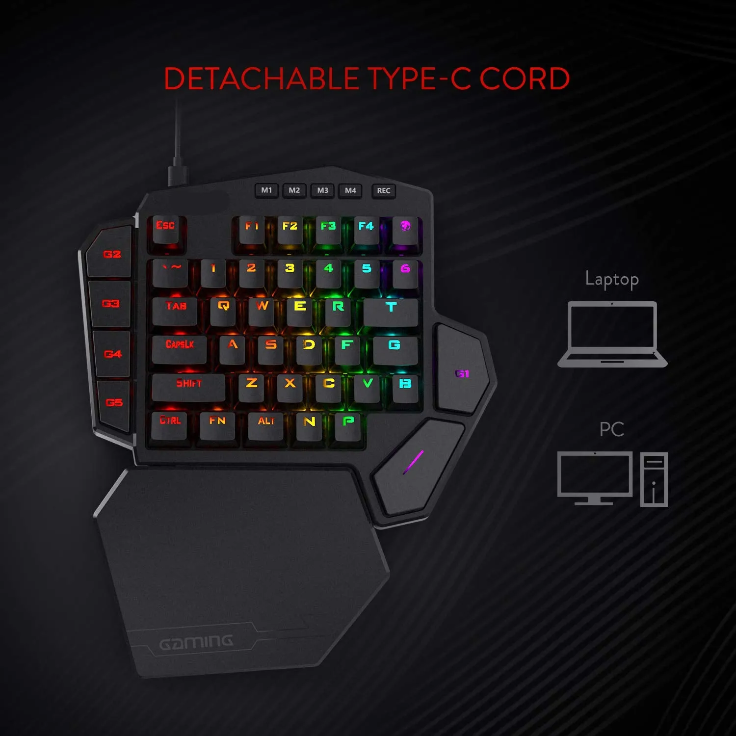 One-Handed Wired RGB Mechanical Gaming Keyboard, 42 Keys Type-C Keypad with Hot-Swappable Socket, 7 Macro Keys & Detachable Wrist Rest